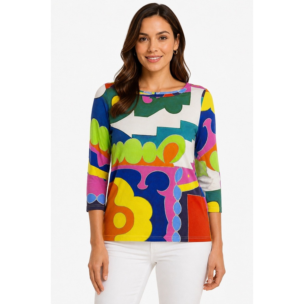Trisha Tyler Abstract Geometric Print Boat Neck 3/4 Sleeve Top Multi-Color Small